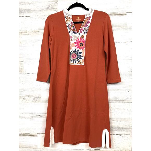 Spartina 449 Dresses & Skirts - Spartina 449 Womens S Dark Orange Monica Tunic Midi Dress Embroidered Floral